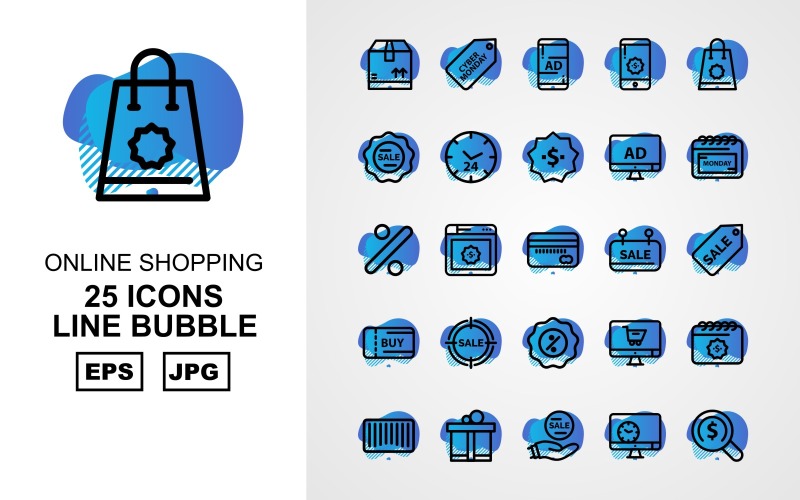 Download Набор иконок "25 Premium Online Shopping Line Bubble Pack Icon Set" / 25 Premium Online Shopping Line Bubble Pack Icon Set - Набор иконок на тему shopping box,browser,online shop,bar code,gift,sale,lcd,find,cyber monday,smartphone,bag,tag,clock,dollar,calendar,percentage,atm card,icon,icons