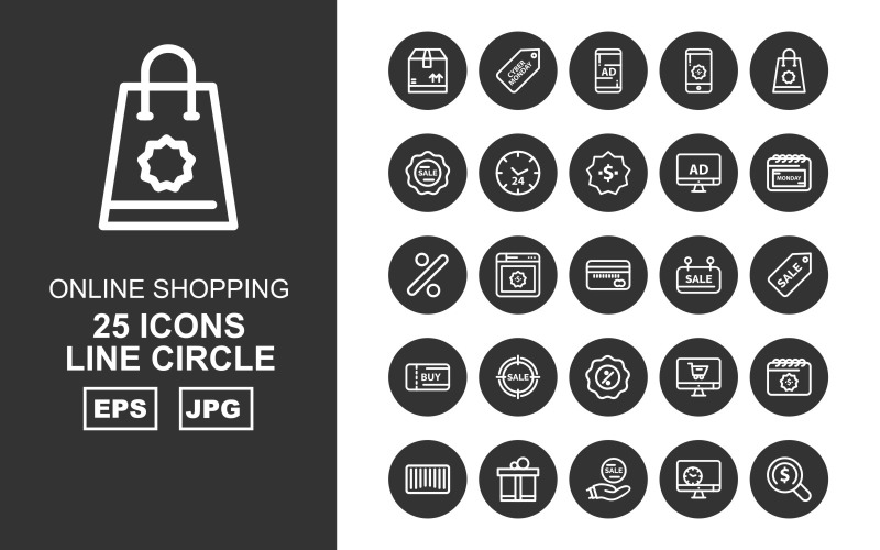 Download Набор иконок "25 Premium Online Shopping Line Circle Pack Icon Set" / 25 Premium Online Shopping Line Circle Pack Icon Set - Набор иконок на тему shopping box,browser,online shop,bar code,gift,sale,lcd,find,cyber monday,smartphone,bag,tag,clock,dollar,calendar,percentage,atm card,icon,icons