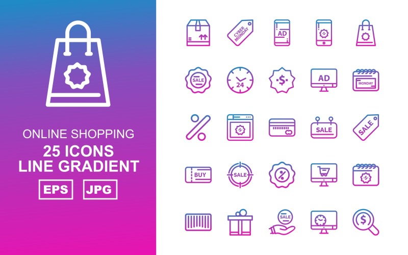 Download Набор иконок "25 Premium Online Shopping Line Gradient Pack Icon Set" / 25 Premium Online Shopping Line Gradient Pack Icon Set - Набор иконок на тему shopping box,browser,online shop,bar code,gift,sale,lcd,find,cyber monday,smartphone,bag,tag,clock,dollar,calendar,percentage,atm card,icon,icons