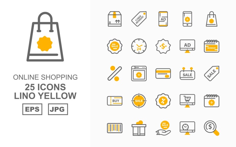 Download Набор иконок "25 Premium Online Shopping Lino Yellow Pack Icon Set" / 25 Premium Online Shopping Lino Yellow Pack Icon Set - Набор иконок на тему shopping box,browser,online shop,bar code,gift,sale,lcd,find,cyber monday,smartphone,bag,tag,clock,dollar,calendar,percentage,atm card,icon,icons