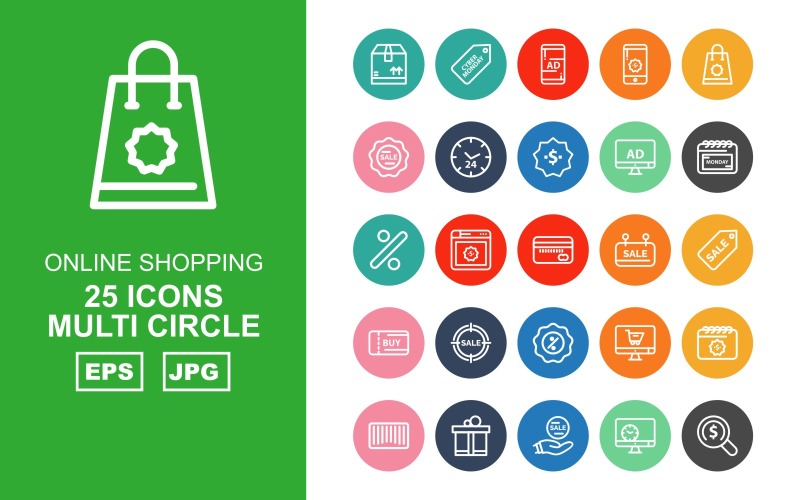 Download Набор иконок "25 Premium Online Shopping Multi Circle Pack Icon Set" / 25 Premium Online Shopping Multi Circle Pack Icon Set - Набор иконок на тему shopping box,browser,online shop,bar code,gift,sale,lcd,find,cyber monday,smartphone,bag,tag,clock,dollar,calendar,percentage,atm card,icon,icons