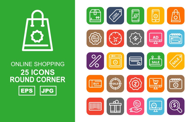 Download Набор иконок "25 Premium Online Shopping Round Corner Pack Icon Set" / 25 Premium Online Shopping Round Corner Pack Icon Set - Набор иконок на тему shopping box,browser,online shop,bar code,gift,sale,lcd,find,cyber monday,smartphone,bag,tag,clock,dollar,calendar,percentage,atm card,icon,icons