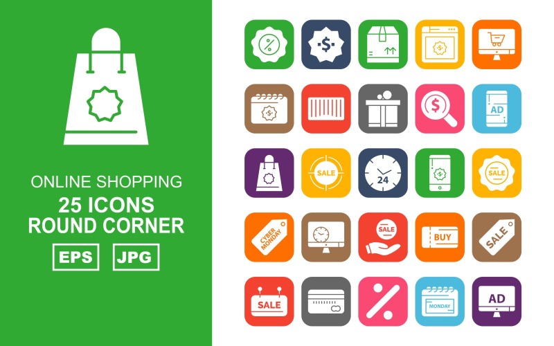 Download Набор иконок "25 Premium Online Shopping Round Corner Pack Icon Set" / 25 Premium Online Shopping Round Corner Pack Icon Set - Набор иконок на тему shopping box,browser,online shop,bar code,gift,sale,lcd,find,cyber monday,smartphone,bag,tag,clock,dollar,calendar,percentage,atm card,icon,icons