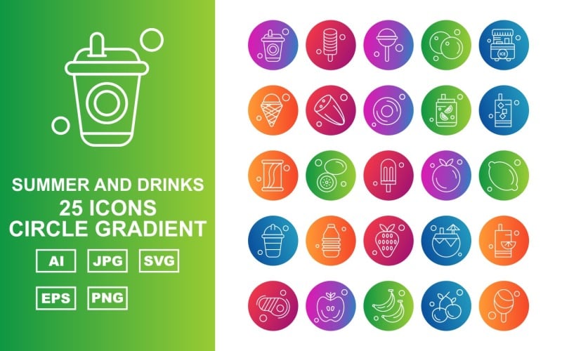 Download Набор иконок "25 Premium Summer And Drinks Circle Gradient Pack Icon Set" / 25 Premium Summer And Drinks Circle Gradient Pack Icon Set - Набор иконок на тему food drink,lemon,coconut water,steak,apple,banana,cherry,ice cream,candy,orange,stall,cucumber,donut,icon,icons