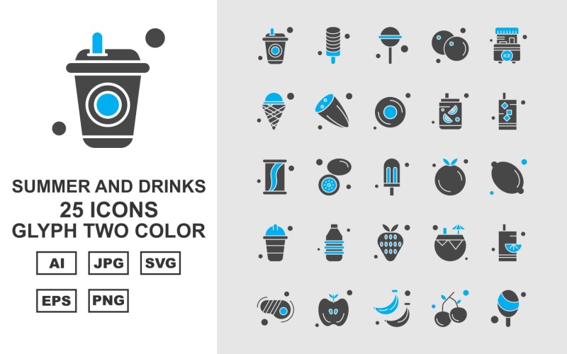 Download Набор иконок "25 Premium Summer And Drinks Glyph Two Color Pack Icon Set" / 25 Premium Summer And Drinks Glyph Two Color Pack Icon Set - Набор иконок на тему food drink,lemon,coconut water,steak,apple,banana,cherry,ice cream,candy,orange,stall,cucumber,donut,icon,icons