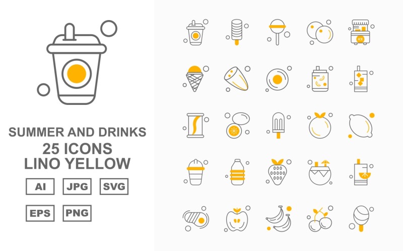 Download Набор иконок "25 Premium Summer And Drinks Lino Yellow Pack Icon Set" / 25 Premium Summer And Drinks Lino Yellow Pack Icon Set - Набор иконок на тему food drink,lemon,coconut water,steak,apple,banana,cherry,ice cream,candy,orange,stall,cucumber,donut,icon,icons