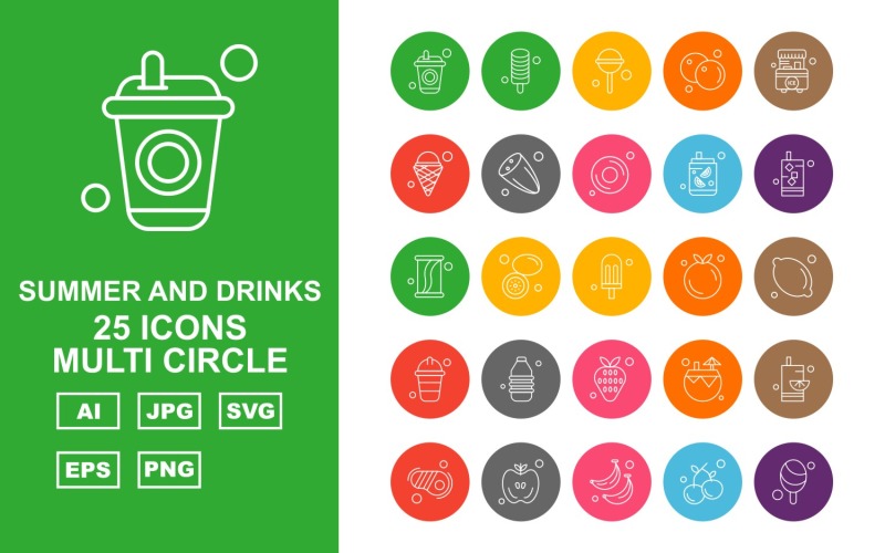 Download Набор иконок "25 Premium Summer And Drinks Multi Circle Pack Icon Set" / 25 Premium Summer And Drinks Multi Circle Pack Icon Set - Набор иконок на тему food drink,lemon,coconut water,steak,apple,banana,cherry,ice cream,candy,orange,stall,cucumber,donut,icon,icons