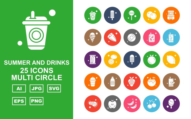 Download Набор иконок "25 Premium Summer And Drinks Multi Circle Pack Icon Set" / 25 Premium Summer And Drinks Multi Circle Pack Icon Set - Набор иконок на тему food drink,lemon,coconut water,steak,apple,banana,cherry,ice cream,candy,orange,stall,cucumber,donut,icon,icons