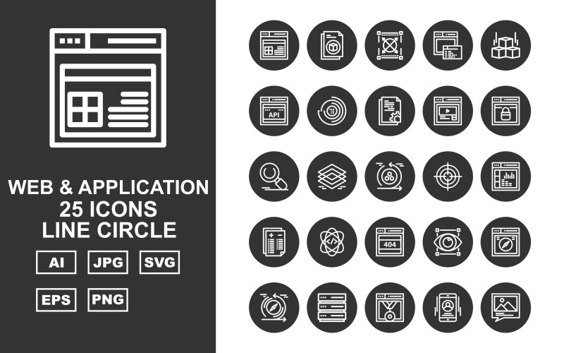 Download Набор иконок "25 Premium Web And Application Line Circle Pack Icon Set" / 25 Premium Web And Application Line Circle Pack Icon Set - Набор иконок на тему computer browser,atom,report,website,aim,reload,search,webpage,full screen,document,gallery,smartphone,sever,layers,icon,icons