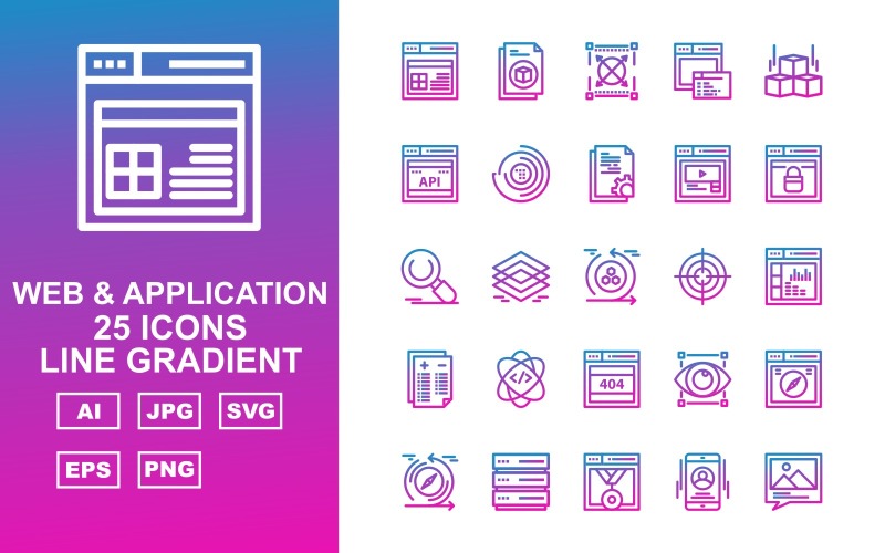 Download Набор иконок "25 Premium Web And Application Line Gradient Pack Icon Set" / 25 Premium Web And Application Line Gradient Pack Icon Set - Набор иконок на тему computer browser,atom,report,website,aim,reload,search,webpage,full screen,document,gallery,smartphone,sever,layers,icon,icons