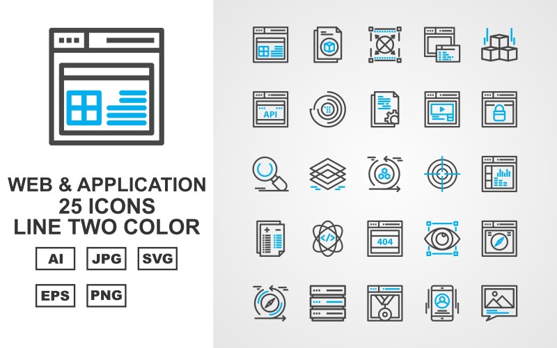 Download Набор иконок "25 Premium Web And Application Line Two Color Pack Icon Set" / 25 Premium Web And Application Line Two Color Pack Icon Set - Набор иконок на тему computer browser,atom,report,website,aim,reload,search,webpage,full screen,document,gallery,smartphone,sever,layers,icon,icons