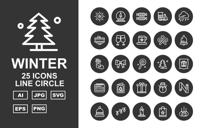 Download Набор иконок "25 Premium Winter Line Circle Pack Icon Set" / 25 Premium Winter Line Circle Pack Icon Set - Набор иконок на тему shopping celebration,lace,snow,muffler,dish,wineglass,cake,cloud,trainengine,toffee,moonlight,lights,shoppingbag,candle,gift,card,calendar,tree,candy,coffee