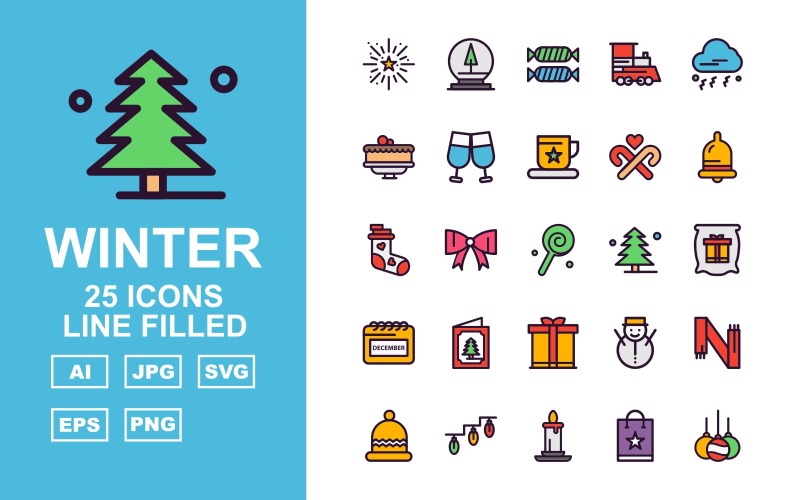 Download Набор иконок "25 Premium Winter Line Filled Pack Icon Set" / 25 Premium Winter Line Filled Pack Icon Set - Набор иконок на тему shopping celebration,lace,snow,muffler,dish,wineglass,cake,cloud,trainengine,toffee,moonlight,lights,shoppingbag,candle,gift,card,calendar,tree,candy,coffee