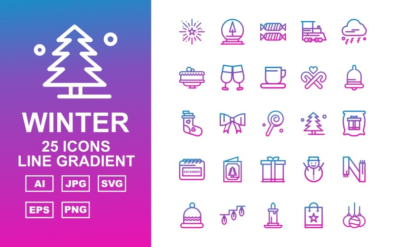 Download Набор иконок "25 Premium Winter Line Gradient Pack Icon Set" / 25 Premium Winter Line Gradient Pack Icon Set - Набор иконок на тему shopping celebration,lace,snow,muffler,dish,wineglass,cake,cloud,trainengine,toffee,moonlight,lights,shoppingbag,candle,gift,card,calendar,tree,candy,coffee