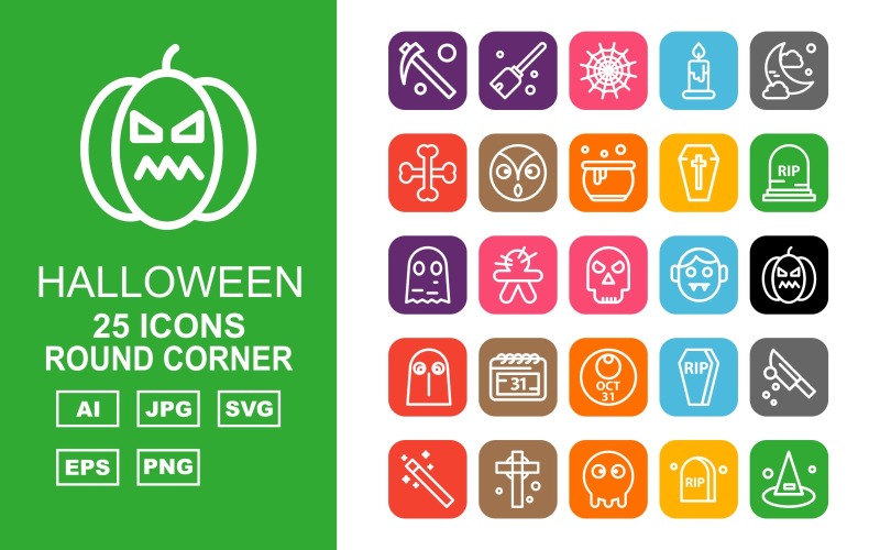 25 set di icone premium di Halloween Round Corner Pack