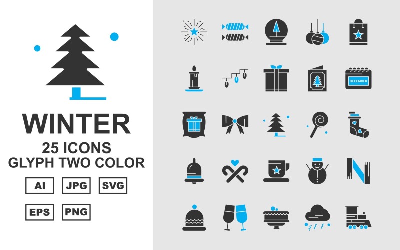 Conjunto de iconos de paquete de dos colores de glifos de invierno premium 25