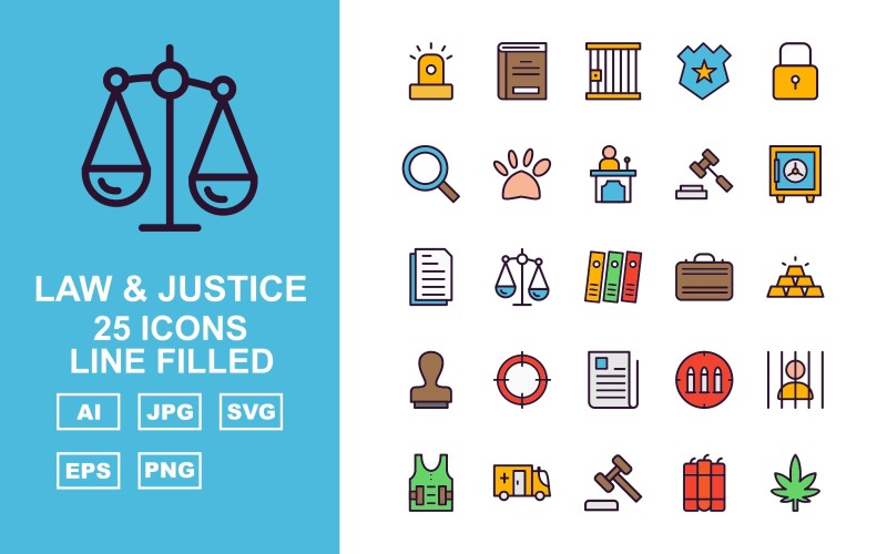 Conjunto de iconos de paquete lleno de línea de ley y justicia de 25 premium
