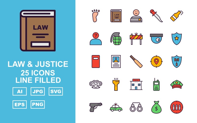 Набор иконок 25 премиум закона и правосудия, заполненный пакетом