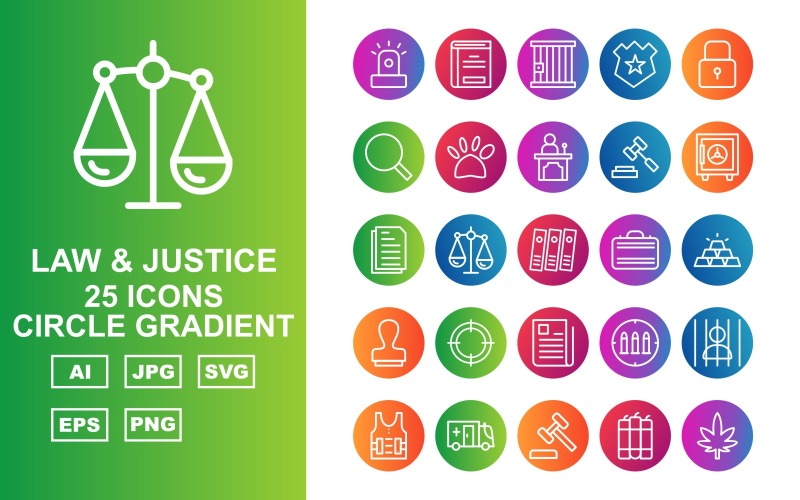Download Набор иконок "25 Premium Law And Justice Circle Gradient Pack Icon Set" / 25 Premium Law And Justice Circle Gradient Pack Icon Set - Набор иконок на тему military car light,justice,finger,appeal,cctv,police cap,gun,police car,handcuff,sack,read,convicted,enforcement,lock,find,dog print,witness,law and justice,vault,icon