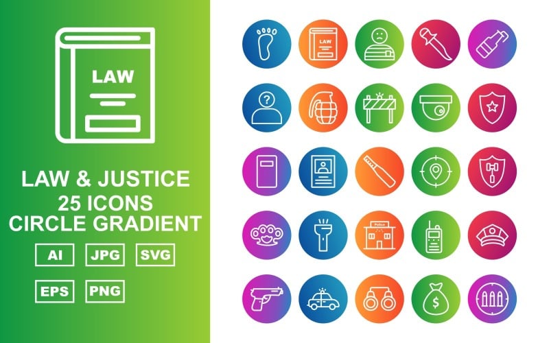 Download Набор иконок "25 Premium Law And Justice Circle Gradient Pack Icon Set" / 25 Premium Law And Justice Circle Gradient Pack Icon Set - Набор иконок на тему military car light,justice,finger,appeal,cctv,police cap,gun,police car,handcuff,sack,read,convicted,enforcement,lock,find,dog print,witness,law and justice,vault,icon