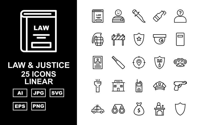 Download Набор иконок "25 Premium Law And Justice Linear Pack Icon Set" / 25 Premium Law And Justice Linear Pack Icon Set - Набор иконок на тему military car light,justice,finger,appeal,cctv,police cap,gun,police car,handcuff,sack,read,convicted,enforcement,lock,find,dog print,witness,law and justice,vault,icon