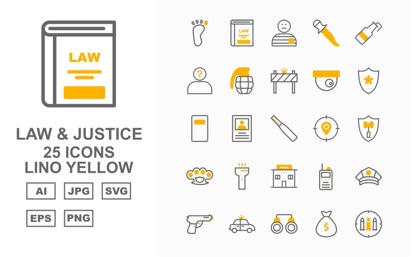 Download Набор иконок "25 Premium Law And Justice Lino Yellow Pack Icon Set" / 25 Premium Law And Justice Lino Yellow Pack Icon Set - Набор иконок на тему military car light,justice,finger,appeal,cctv,police cap,gun,police car,handcuff,sack,read,convicted,enforcement,lock,find,dog print,witness,law and justice,vault,icon