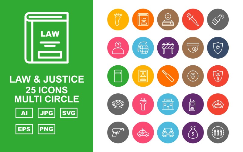 Download Набор иконок "25 Premium Law And Justice Multi Circle Pack Icon Set" / 25 Premium Law And Justice Multi Circle Pack Icon Set - Набор иконок на тему military car light,justice,finger,appeal,cctv,police cap,gun,police car,handcuff,sack,read,convicted,enforcement,lock,find,dog print,witness,law and justice,vault,icon