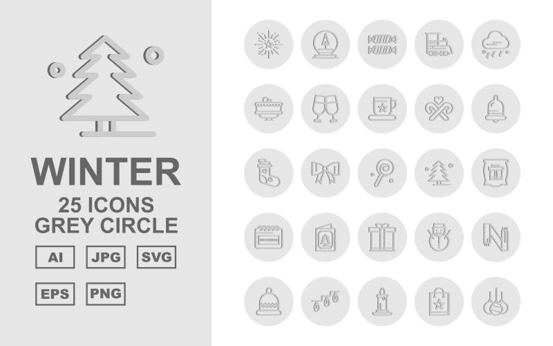 25 premium winter grijze cirkel pack icon set