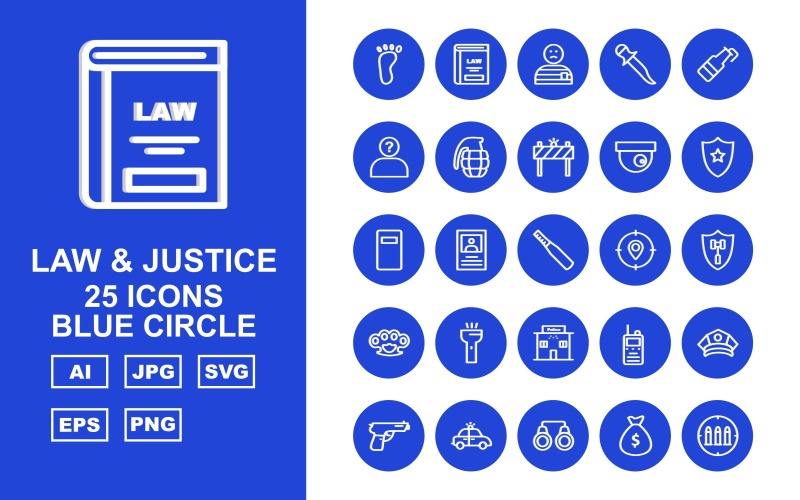Sada ikon 25 Premium zákon a spravedlnost modrý kruh Pack