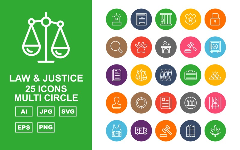 Sada ikon 25 Premium zákon a spravedlnost Multi Circle Pack