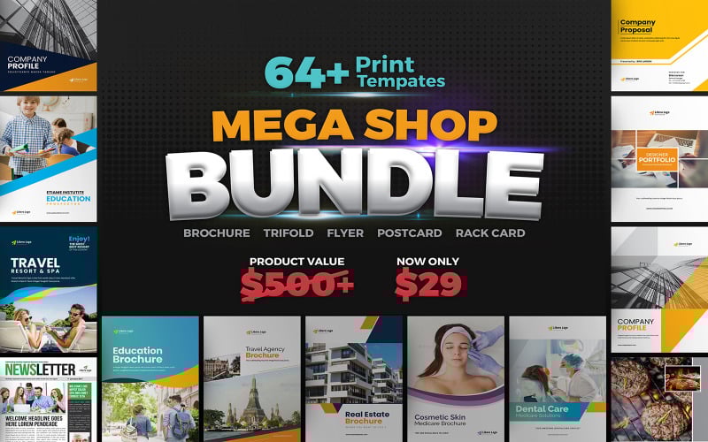Download Фирменный стиль "Mega Shop BUNDLE 64+ Print Design! - Corporate Identity Template" / Mega Shop BUNDLE 64+ Print Design! - Corporate Identity Template - Фирменный стиль на тему графика christmas bundle,mega bundle,shop bundle,brochure bundle,annual report,company profile,portfolio brochure,digital agency,food brochure,interior brochure,real estate brochure,education brochur