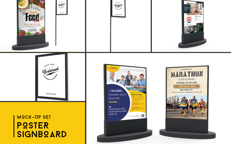 Download Мокап для продукта "Poster Signboards Set product mockup" / Poster Signboards Set product mockup - Мокап для продукта на тему графика mockup,product mockup,promotion,branding,poster,sign board,bill board,board