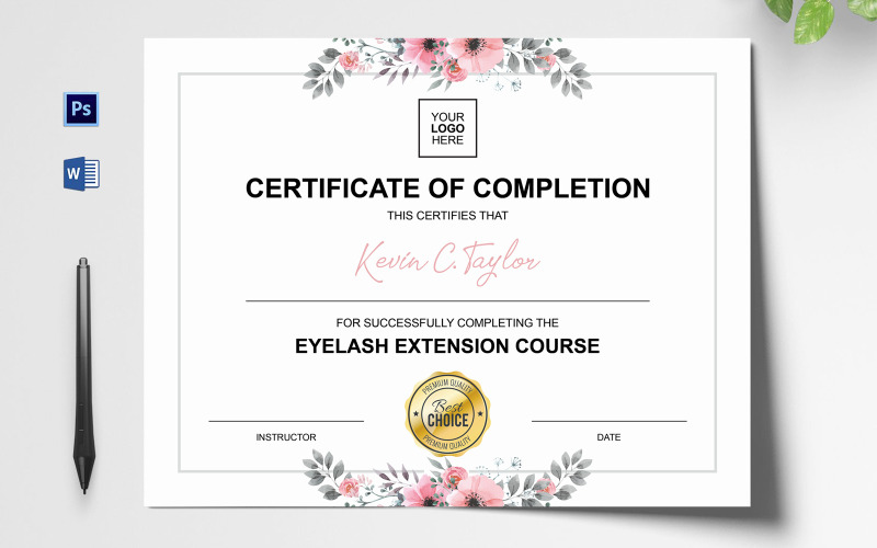 Modèle de certificat d'extension de cils en or rose