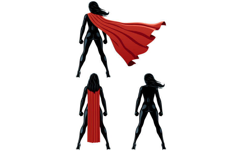 Download Иллюстрация "Super Heroine Back - Illustration" / Super Heroine Back - Illustration - Иллюстрация на тему графика superhero,female,superheroine,super,hero,heroine,woman,girl,silhouette,back,isolated,white,background,cape,cloak,mantle,watch,watching,comic book,cartoon