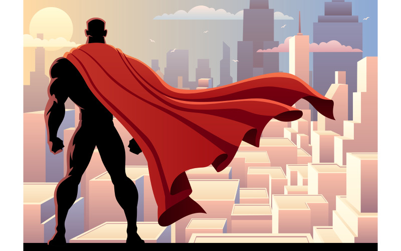 Download Иллюстрация "Superhero Watch 2 - Illustration" / Superhero Watch 2 - Illustration - Иллюстрация на тему графика superhero,super,hero,man,superman,silhouette,watch,watching,over,city,cityscape,skyline,urban,scene,skyscraper,tower,building,business,office,roof