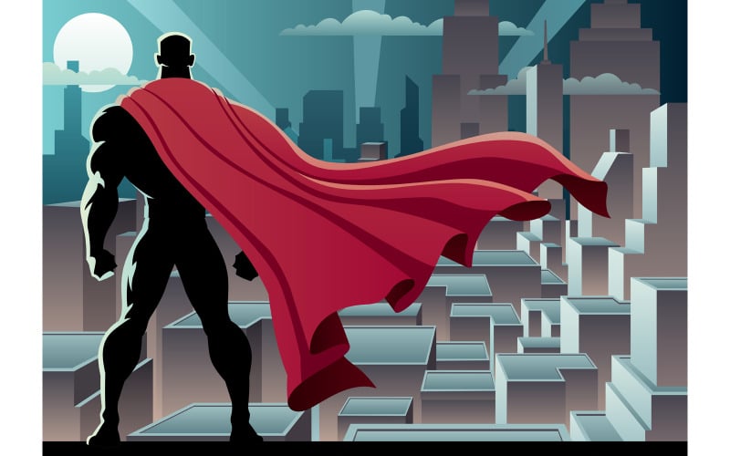Download Иллюстрация "Superhero Watch 3 - Illustration" / Superhero Watch 3 - Illustration - Иллюстрация на тему графика superhero,super,hero,man,superman,silhouette,watch,watching,over,city,cityscape,skyline,urban,scene,skyscraper,tower,building,business,office,roof