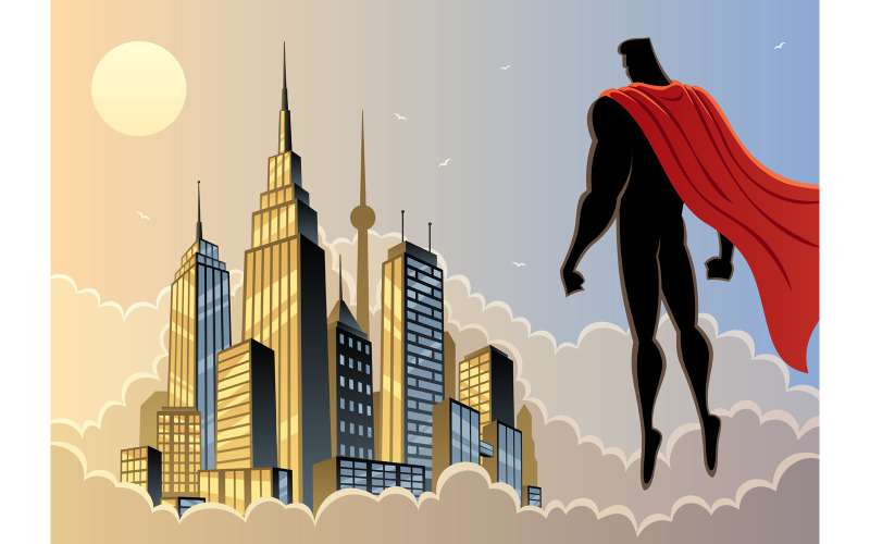 Download Иллюстрация "Superhero Watch 5 - Illustration" / Superhero Watch 5 - Illustration - Иллюстрация на тему графика superhero,super,hero,man,superman,silhouette,watch,watching,over,city,cityscape,skyline,urban,scene,skyscraper,tower,building,business,office,day