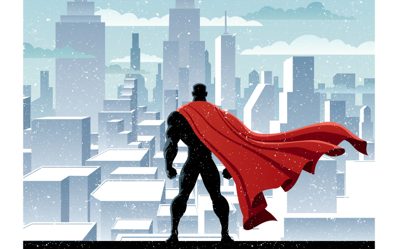 Download Иллюстрация "Superhero Watch - Illustration" / Superhero Watch - Illustration - Иллюстрация на тему графика superhero,super,hero,man,superman,silhouette,watch,watching,over,city,cityscape,skyline,urban,scene,skyscraper,tower,building,business,office,roof