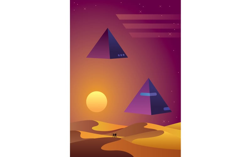 Download Иллюстрация "Synthwave Desert Background - Illustration" / Synthwave Desert Background - Illustration - Иллюстрация на тему графика synthwave,outrun,retrowave,futuresynth,electronic,music,video game,soundtrack,background,landscape,future,futuristic,science fiction,science,fiction,cyber,desert,pyramid