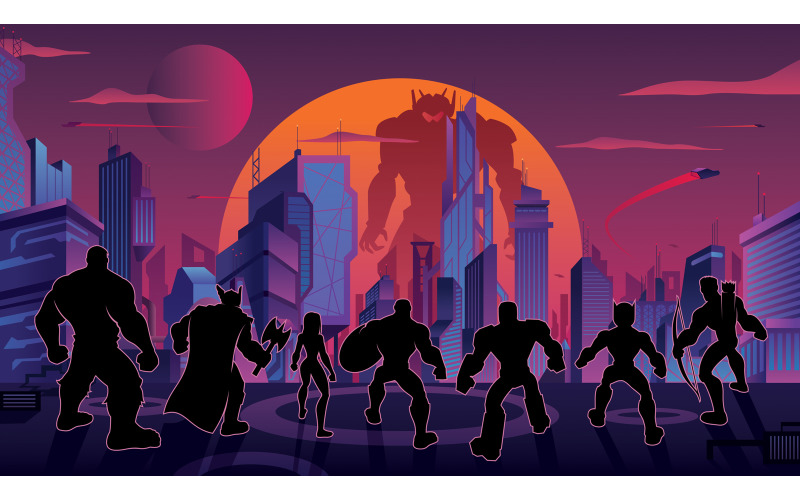 Download Super Team In Futuristic City - Illustration.