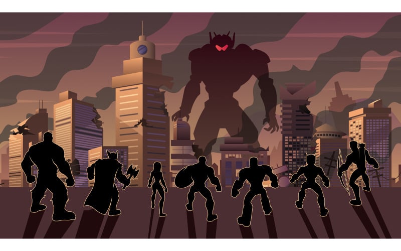 Download Иллюстрация "Super Team Versus Evil Robot - Illustration" / Super Team Versus Evil Robot - Illustration - Иллюстрация на тему графика team,group,league,alliance,party,squad,avenger,superhero,super,hero,heroine,woman,girl,female,man,male,silhouette,back,city,cityscape