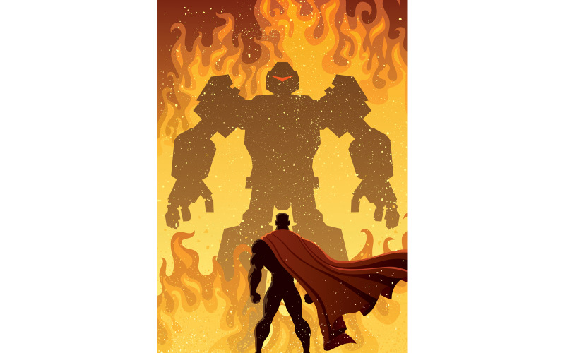 Download Иллюстрация "Superhero Versus Robot - Illustration" / Superhero Versus Robot - Illustration - Иллюстрация на тему графика superhero,super,hero,man,superman,robot,supervillain,villain,silhouette,evil,good,battle,facing,confrontation,versus,vs,concept,justice,savior,defender