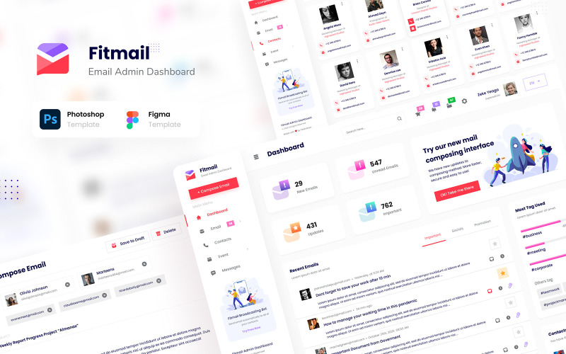 Fitmail - Dashboard voor e-mailbeheer Figma PSD UI-elementen