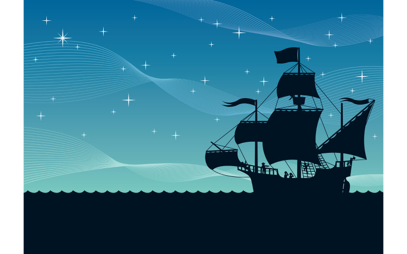 Download Иллюстрация "Ship Sailing Night - Illustration" / Ship Sailing Night - Illustration - Иллюстрация на тему графика sailing ship,ship,sailing,sail,nautical vessel,silhouette,renaissance,christopher columbus,columbus,columbus day,flagship,santa maria,pinta,nina,brigantine,caravel,galleon,sail boat,night,sky
