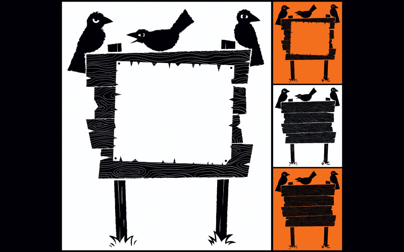 Download Иллюстрация "Sign and Crows - Illustration" / Sign and Crows - Illustration - Иллюстрация на тему графика wood,wooden,sign,board,billboard,placard,road sign,commercial sign,information sign,warning sign,advertisement,message,copy space,copyspace,blank,empty,space