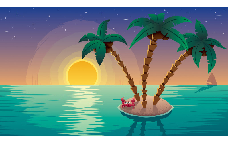 Download Иллюстрация "Small Island Landscape Subset - Illustration" / Small Island Landscape Subset - Illustration - Иллюстрация на тему графика island,tropical,exotic,small,little,background,landscape,sunset,sunrise,dusk,dawn,cartoon,palm tree,coconut,ocean,sea,sun,sky,horizon,crab