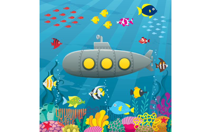 Download Иллюстрация "Submarine Cartoon Background - Illustration" / Submarine Cartoon Background - Illustration - Иллюстрация на тему графика submarine,bathyscaphe,underwater,undersea,vessel,nautical,marine,watercraft,travel,periscope,propeller,sea,ocean,small,cartoon,illustration,seascape,seafloor,floor,coral
