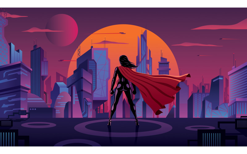 Download Иллюстрация "Superheroine in Futuristic City - Illustration" / Superheroine in Futuristic City - Illustration - Иллюстрация на тему графика superhero,female,superheroine,super,hero,heroine,woman,girl,silhouette,watch,watching,over,city,cityscape,future,futuristic,science fiction,science,fiction,cyber