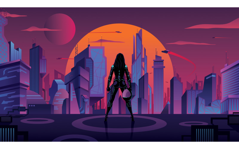 Download Иллюстрация "Superheroine in Futuristic City - Illustration" / Superheroine in Futuristic City - Illustration - Иллюстрация на тему графика superhero,female,superheroine,super,hero,heroine,woman,girl,silhouette,watch,watching,over,city,cityscape,future,futuristic,science fiction,science,fiction,cyber