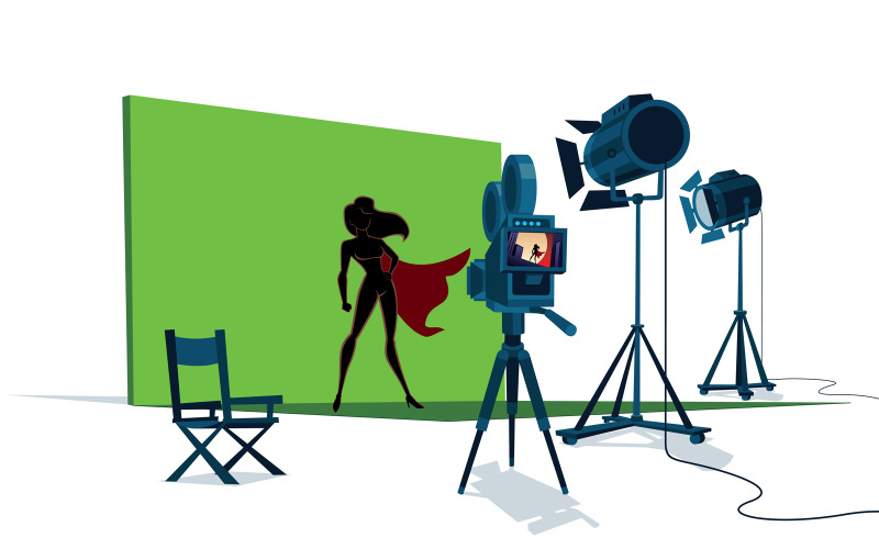 Download Иллюстрация "Superheroine Movie Set - Illustration" / Superheroine Movie Set - Illustration - Иллюстрация на тему графика studio,movie,film,production,video,set,stage,superhero,super,hero,heroine,superheroine,woman,super heroine,female,actress,star,leading,green screen,green